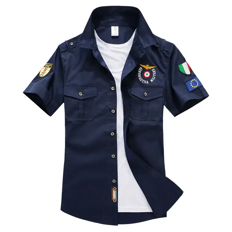2022 Summer Men's Slim Fit Cotton Shirt Navy Blue - Image 3