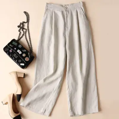 Women's Linen Wide Leg Pants Olive Green - Image 2