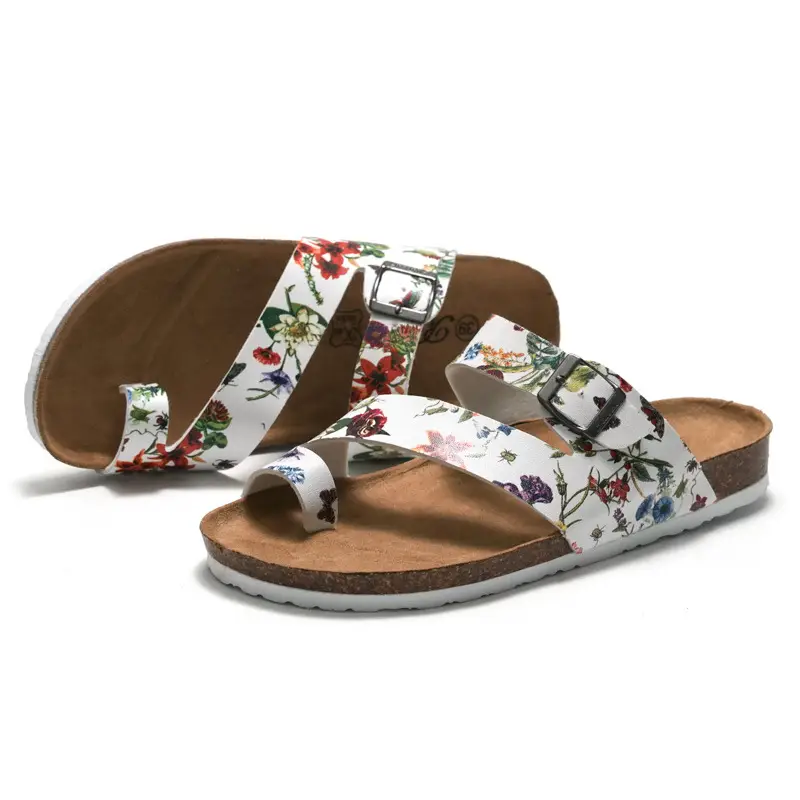 Women Floral Clip Sandals Summer Cork Beach Flippers