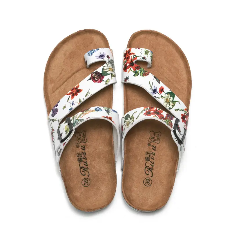 Women Floral Clip Sandals Summer Cork Beach Flippers