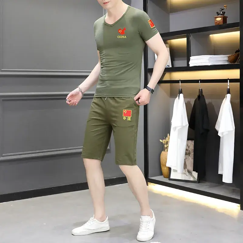 Men Camo Embroidered Black T-Shirt & Shorts Set - Image 7