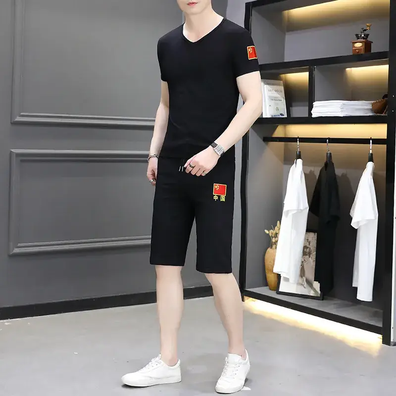 Men Camo Embroidered Black T-Shirt & Shorts Set - Image 8
