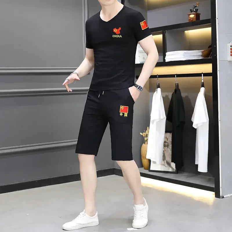 Men Camo Embroidered Black T-Shirt & Shorts Set - Image 2