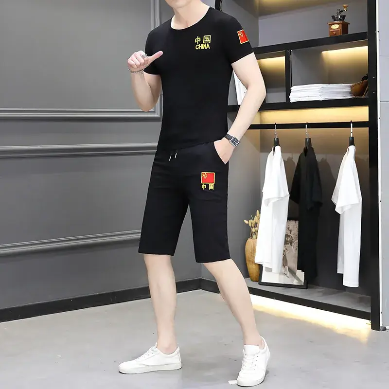 Men Camo Embroidered Black T-Shirt & Shorts Set - Image 3