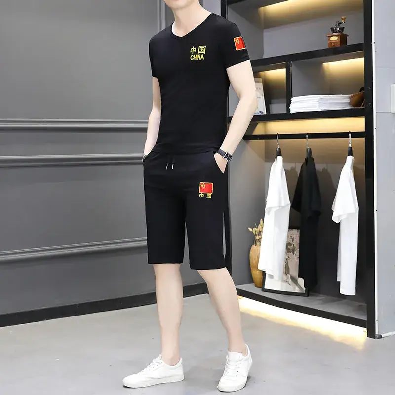 Men Camo Embroidered Black T-Shirt & Shorts Set - Image 4