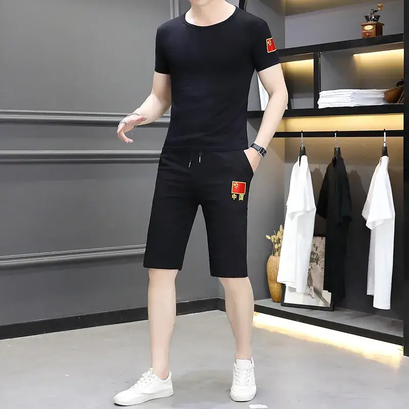 Men Camo Embroidered Black T-Shirt & Shorts Set - Image 5