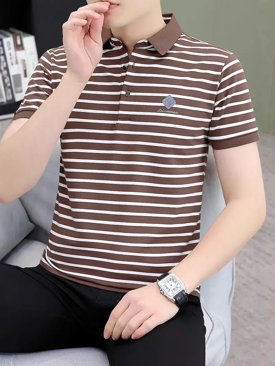 Men Striped Polo T-Shirt Brown White Casual Wear - Image 5