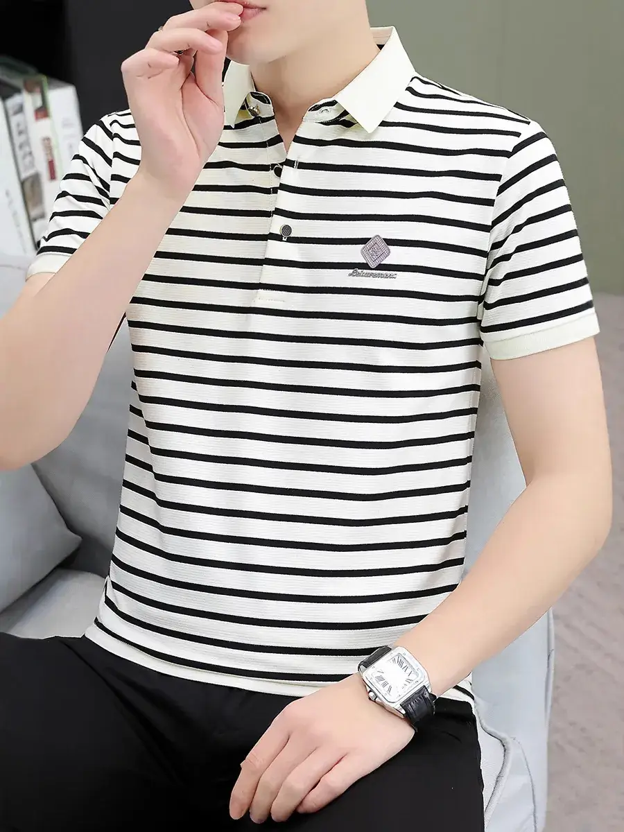 Men Striped Polo T-Shirt Brown White Casual Wear - Image 6