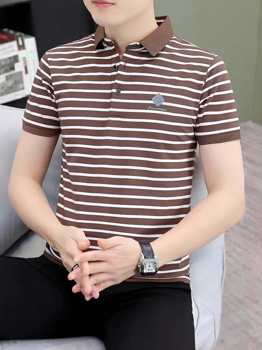 Men Striped Polo T-Shirt Brown White Casual Wear - Image 7