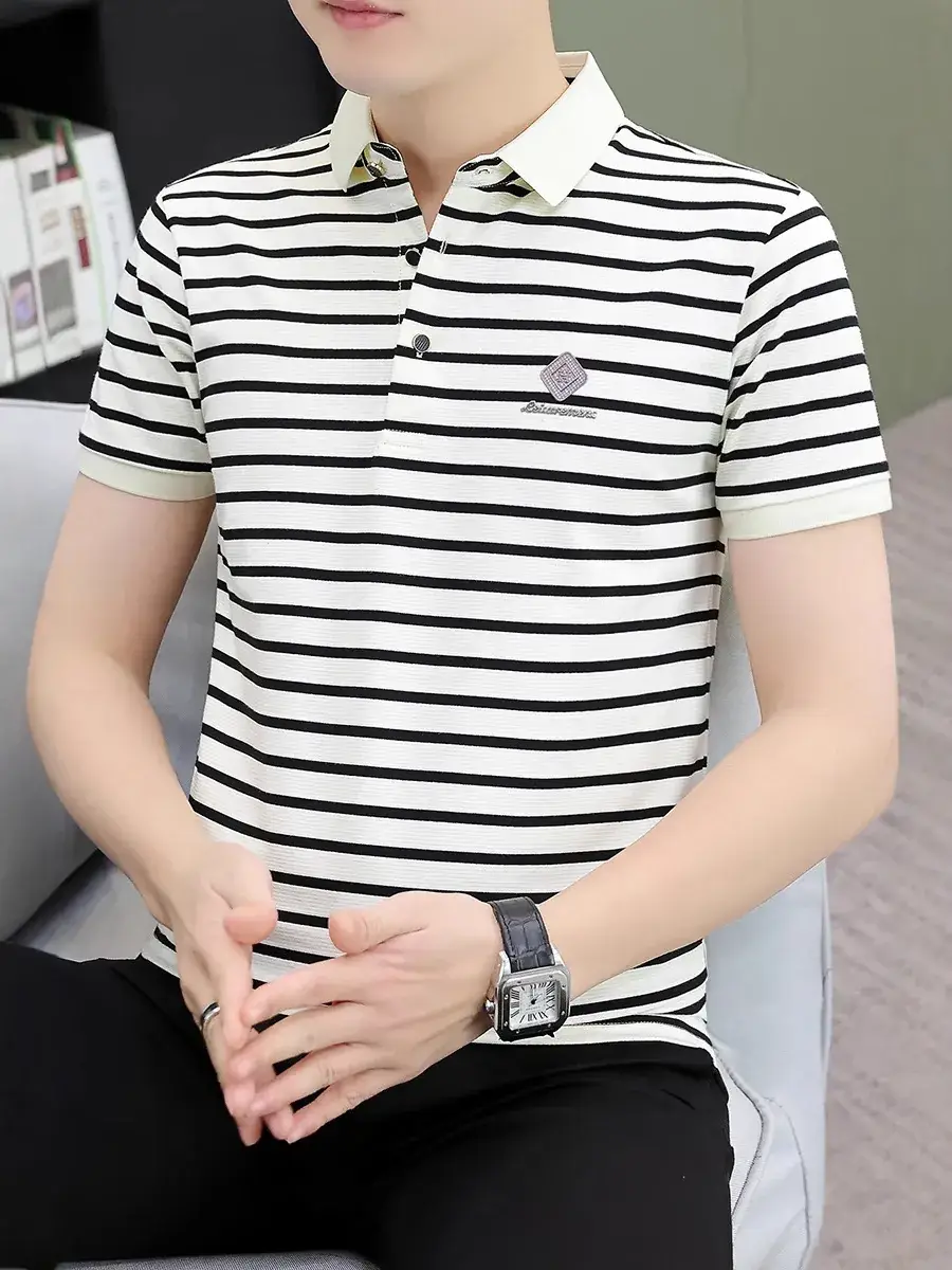 Men Striped Polo T-Shirt Brown White Casual Wear - Image 8