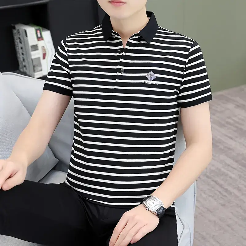Men Striped Polo T-Shirt Brown White Casual Wear - Image 2