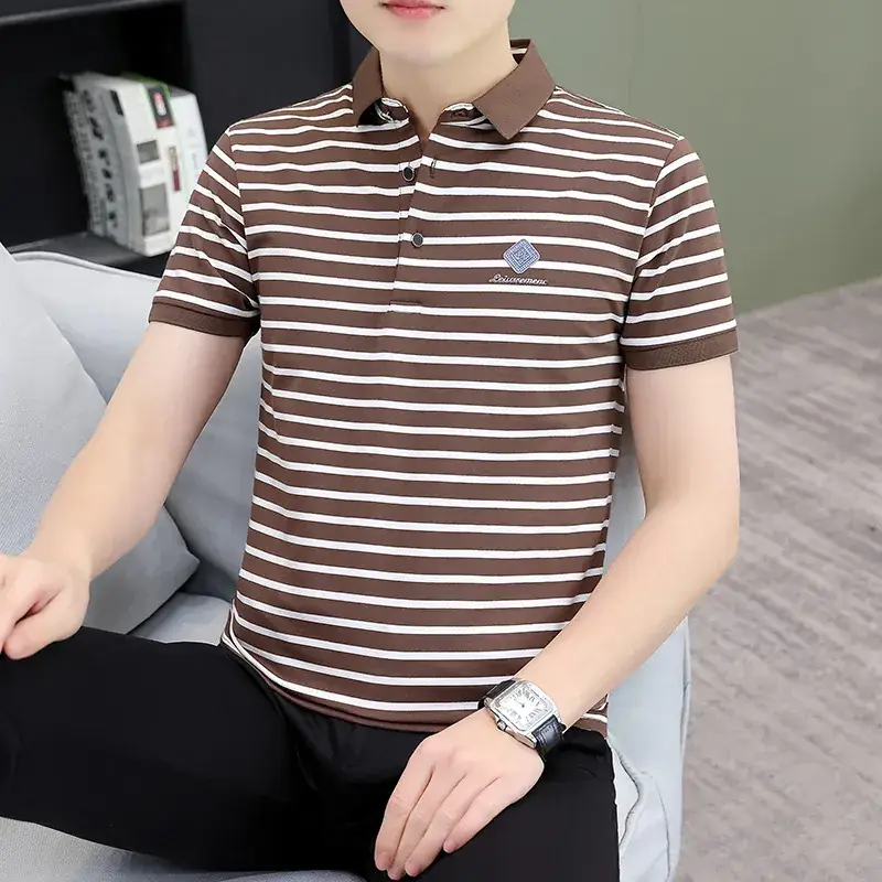 Men Striped Polo T-Shirt Brown White Casual Wear - Image 3