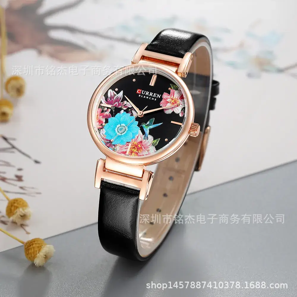 Curren Floral Watch for Women Rose Gold Black Band - Image 6