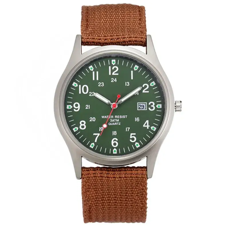 Men's Military Style Watch with Brown Fabric Band - Image 6