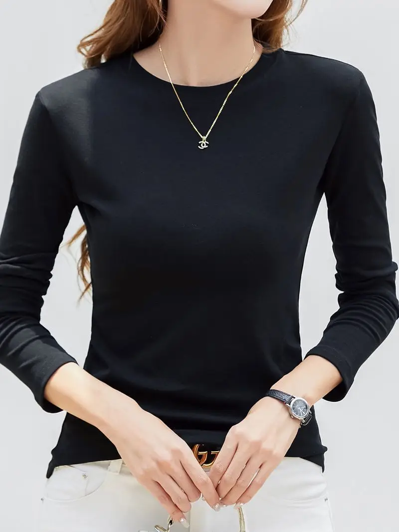 Black Slim Fit Long Sleeve Crew Neck T-Shirt for Women - Image 4
