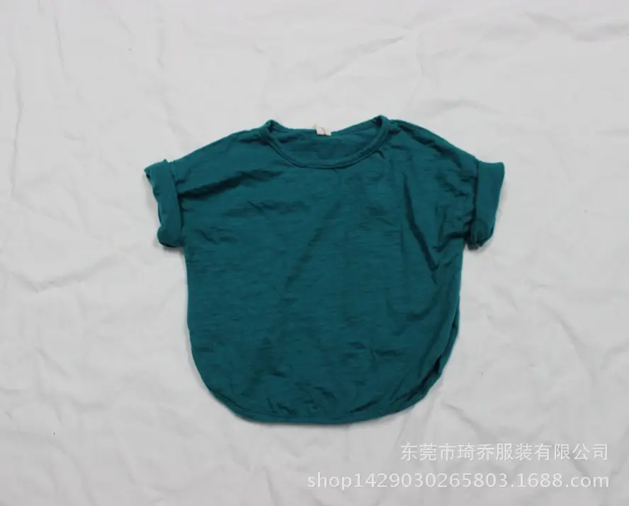 2026 Summer New Kids T-Shirt Solid Teal Loose Cotton - Image 3