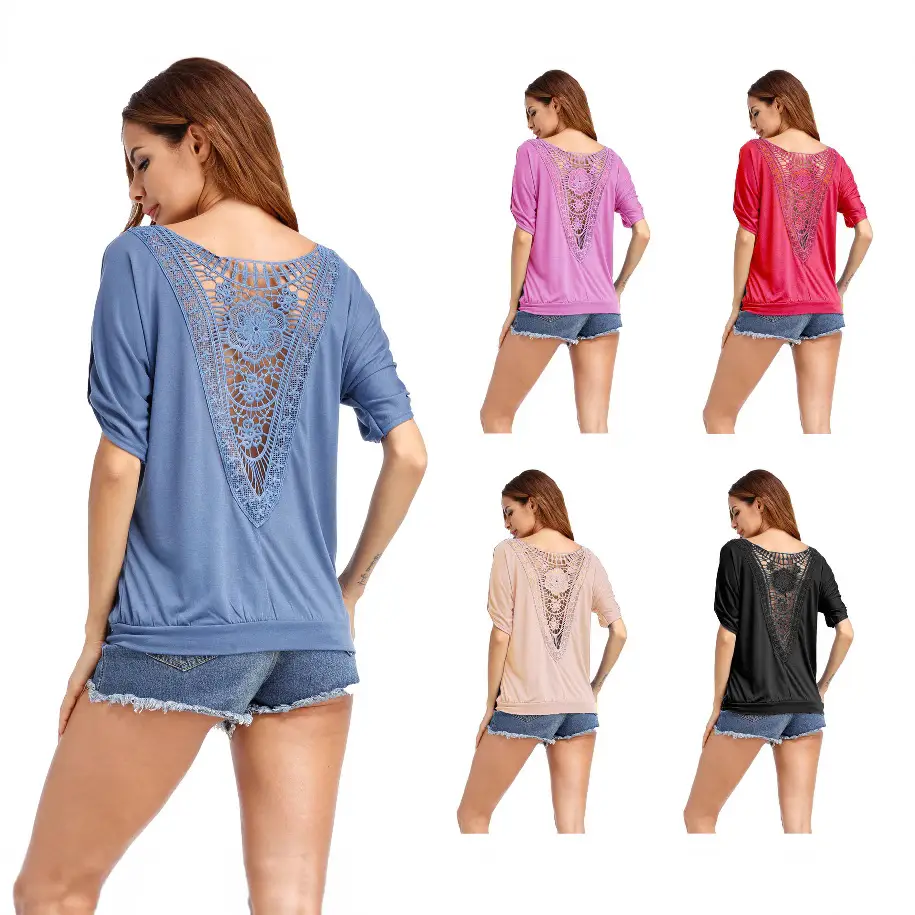 Black Lace Round Neck T-Shirt for Plus Size - Image 6