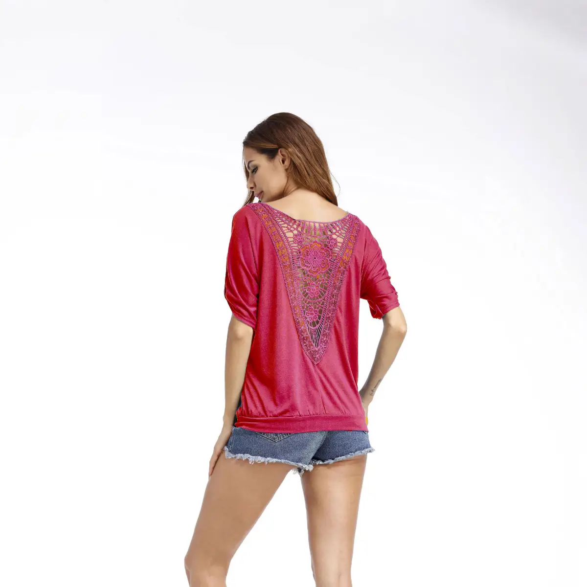 Black Lace Round Neck T-Shirt for Plus Size - Image 8