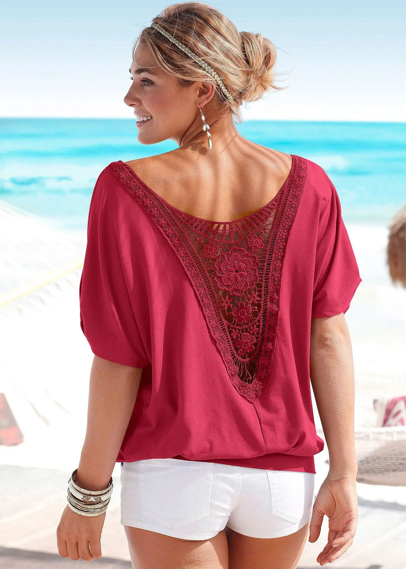 Black Lace Round Neck T-Shirt for Plus Size - Image 2