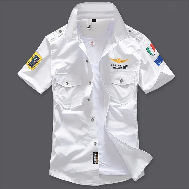Men Black Short Sleeve Korean Style Shirt with Embroidered Pads - Image 10