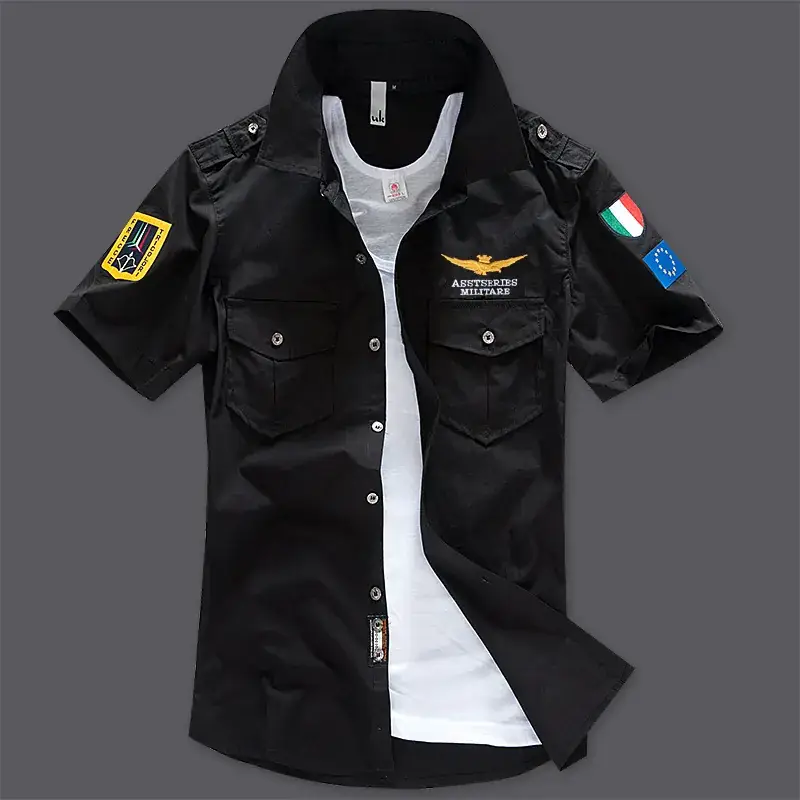 Men Black Short Sleeve Korean Style Shirt with Embroidered Pads - Image 11