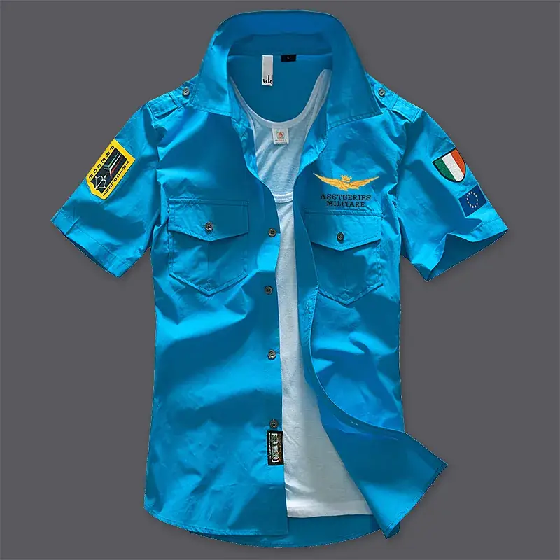 Men Black Short Sleeve Korean Style Shirt with Embroidered Pads - Image 13