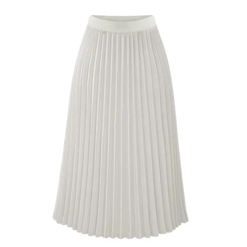 White Pleated Chiffon Skirt Mid Length Slim Fit