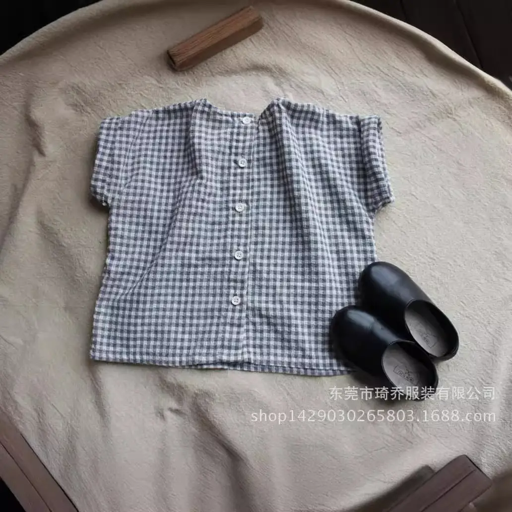 Kids Checkered T-Shirt Set Cotton Linen Short Sleeve - Image 2
