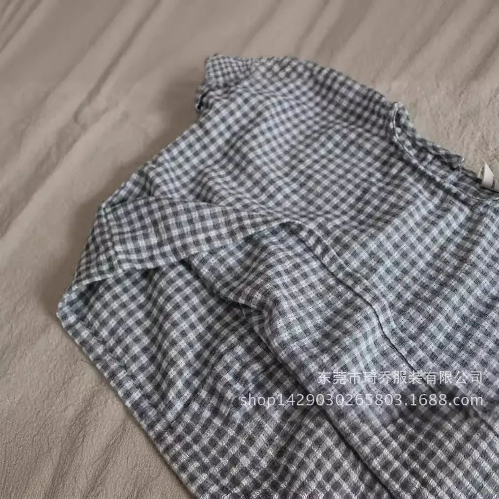 Kids Checkered T-Shirt Set Cotton Linen Short Sleeve - Image 5