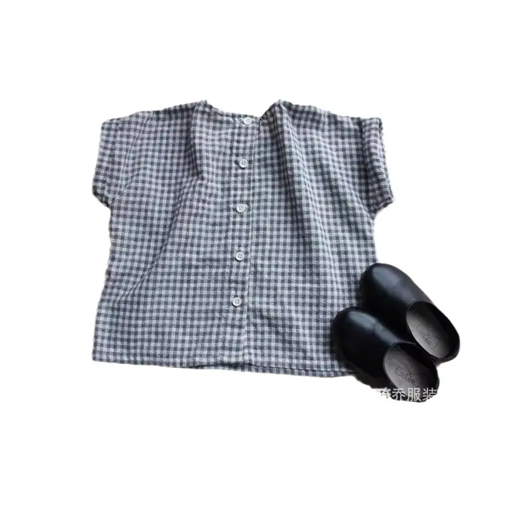 Kids Checkered T-Shirt Set Cotton Linen Short Sleeve - Image 6