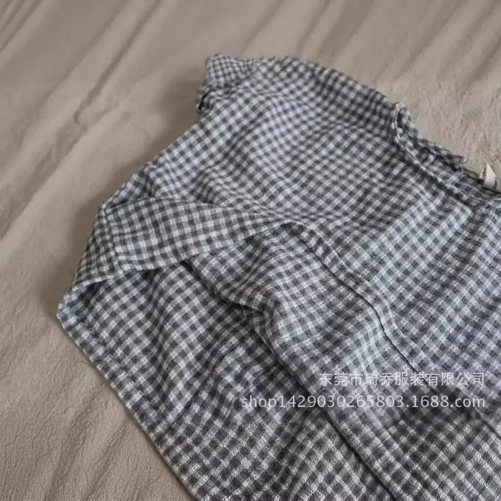 Kids Checkered T-Shirt Set Cotton Linen Short Sleeve — feature 7