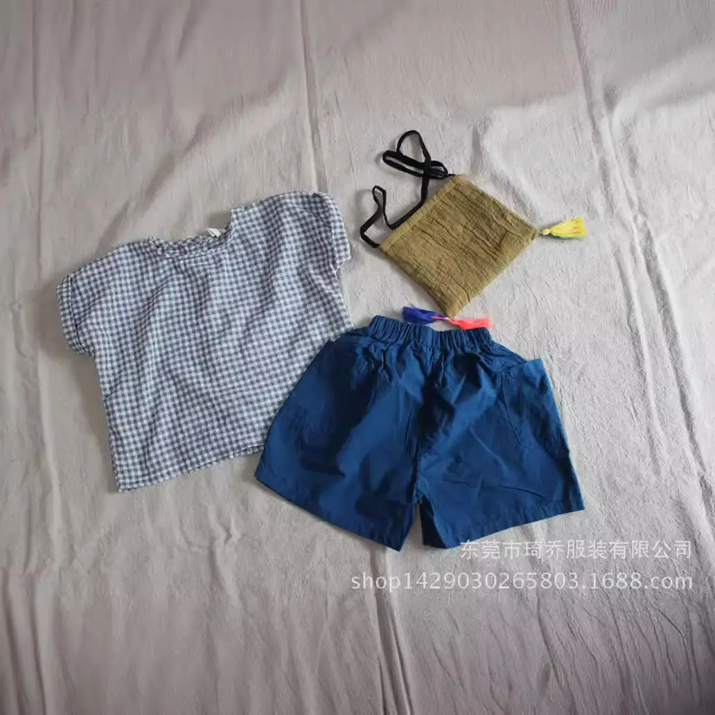 Kids Checkered T-Shirt Set Cotton Linen Short Sleeve — feature 8
