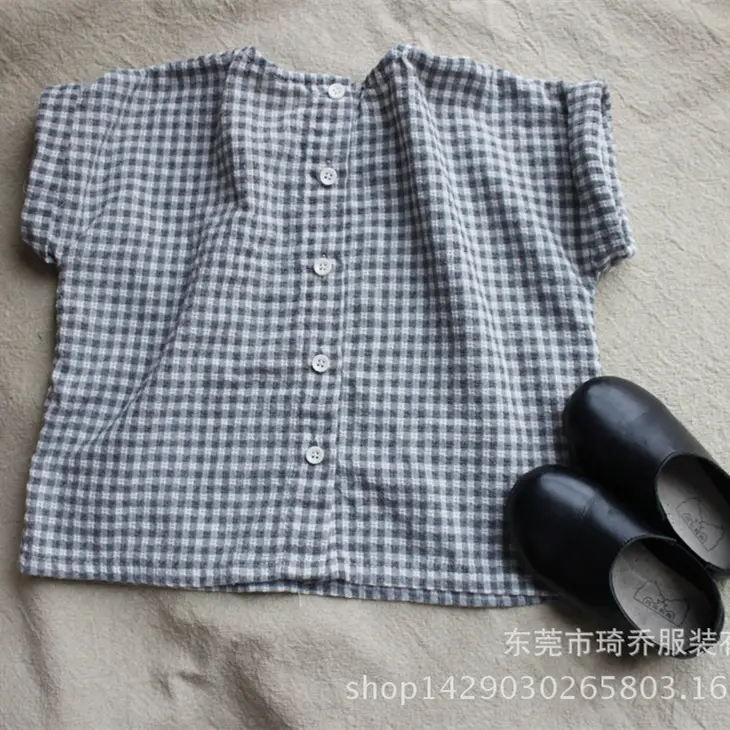 Kids Checkered T-Shirt Set Cotton Linen Short Sleeve — feature 9
