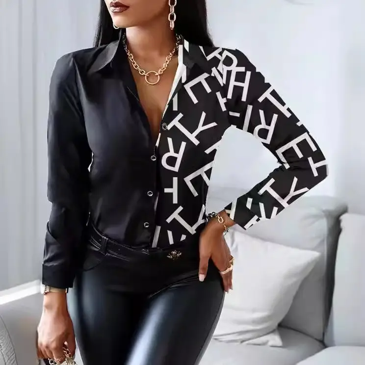 2022 Long Sleeve V Collar Shirt with Retro Print - Image 13