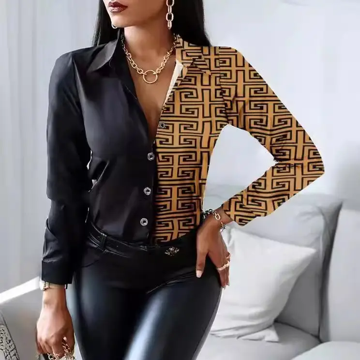 2022 Long Sleeve V Collar Shirt with Retro Print - Image 14