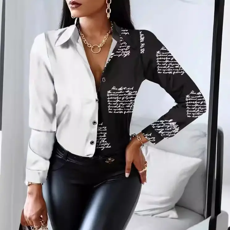 2022 Long Sleeve V Collar Shirt with Retro Print - Image 15
