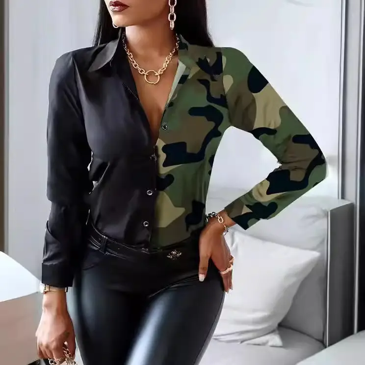 2022 Long Sleeve V Collar Shirt with Retro Print - Image 16