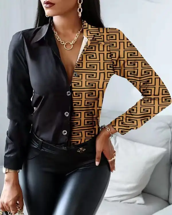 2022 Long Sleeve V Collar Shirt with Retro Print - Image 2