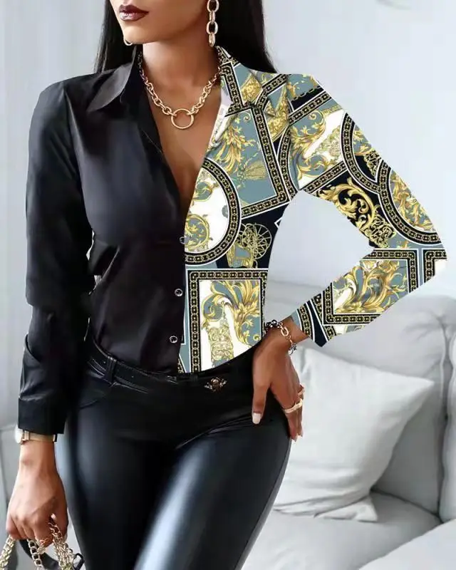 2022 Long Sleeve V Collar Shirt with Retro Print - Image 3