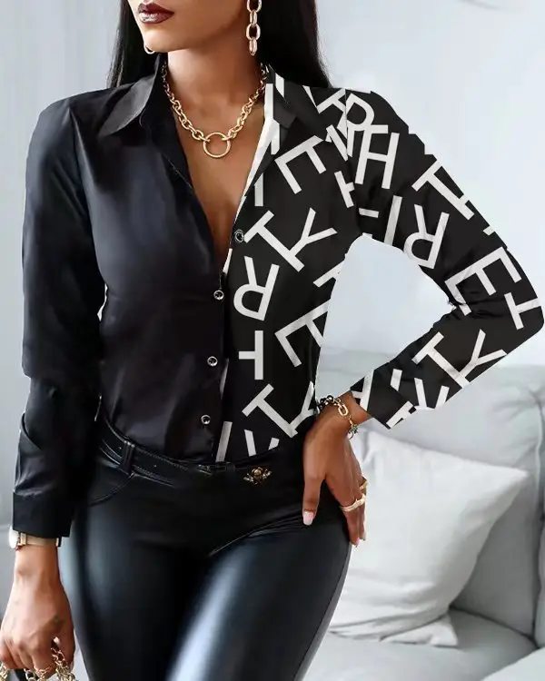 2022 Long Sleeve V Collar Shirt with Retro Print - Image 9