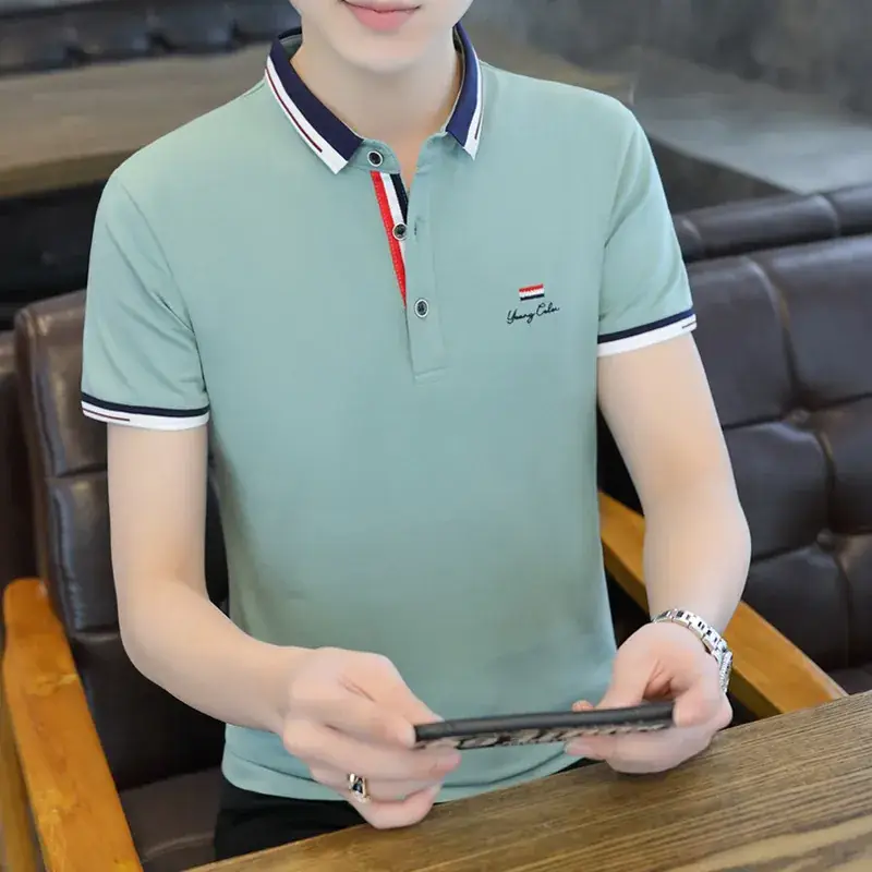 Men's Light Green Polo T-Shirt with Red Blue Trim - Image 24