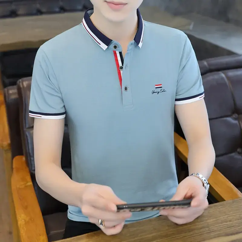 Men's Light Green Polo T-Shirt with Red Blue Trim - Image 14