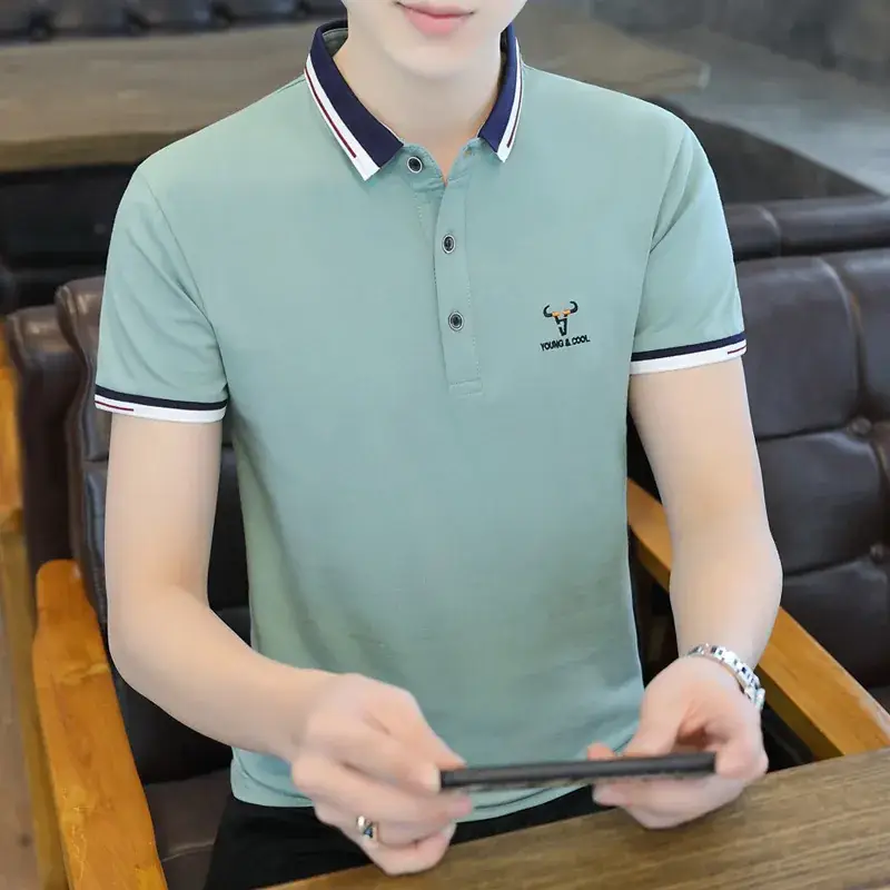 Men's Light Green Polo T-Shirt with Red Blue Trim - Image 18