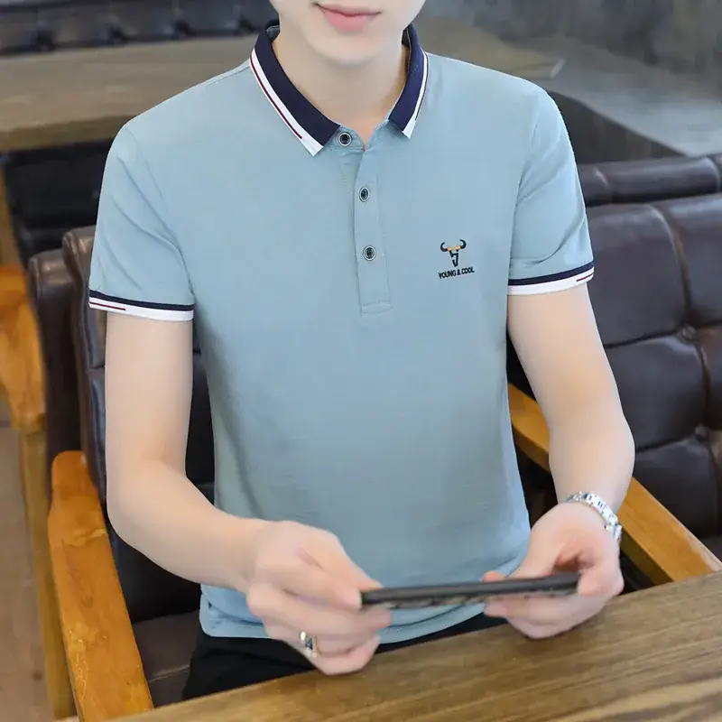 Men's Light Green Polo T-Shirt with Red Blue Trim - Image 19