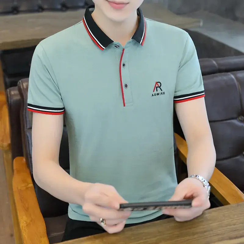 Men's Light Green Polo T-Shirt with Red Blue Trim - Image 3