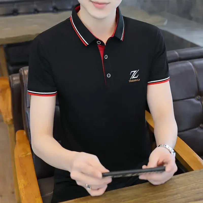 Men's Light Green Polo T-Shirt with Red Blue Trim - Image 7