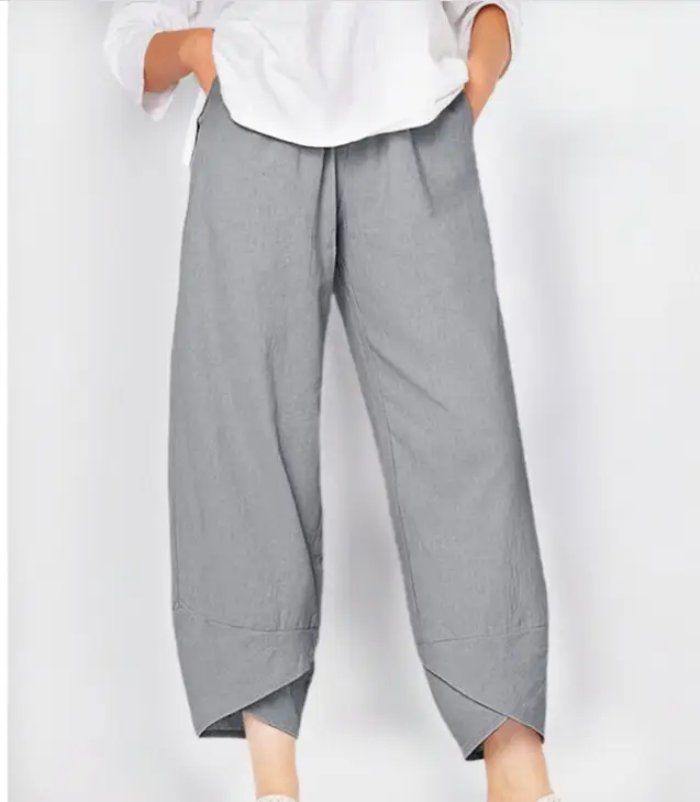 Grey Cotton Linen Loose Pants with Embroidered Design - Image 30