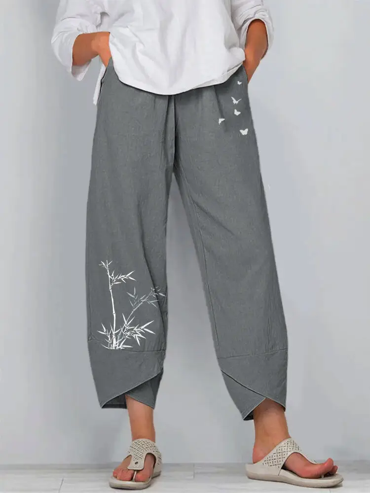 Grey Cotton Linen Loose Pants with Embroidered Design - Image 26