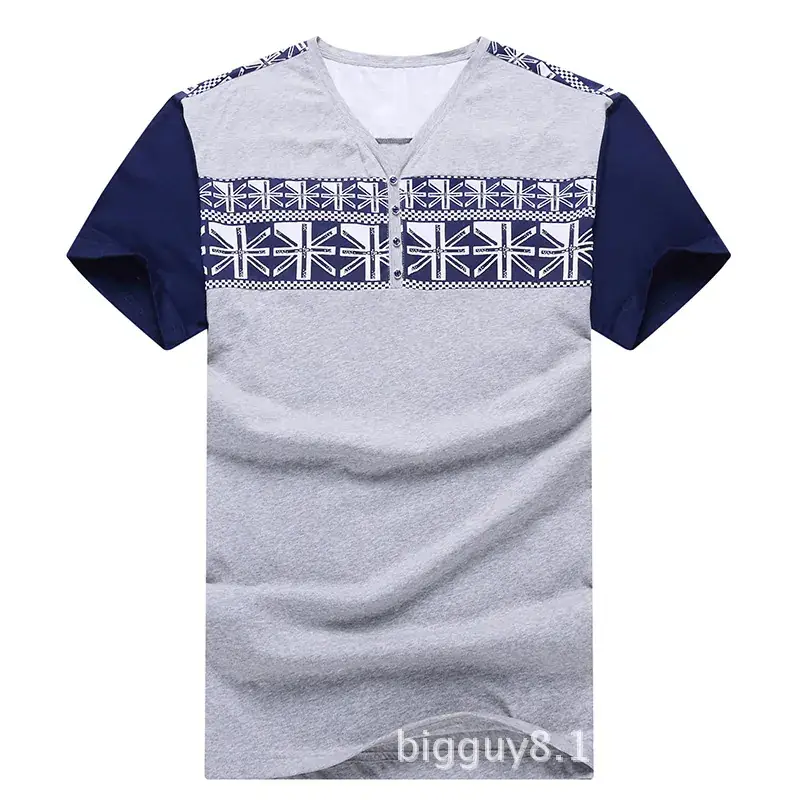 Men Half Sleeve V-Neck T-Shirt Grey Blue Extra Large