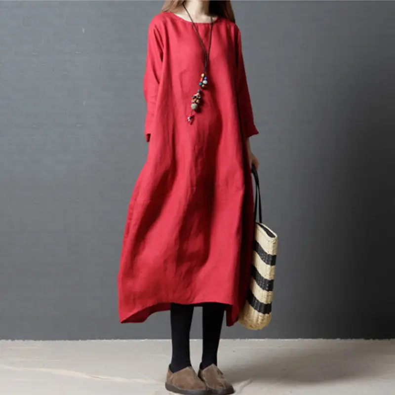 2026 Autumn Long Sleeve Cotton Linen Dress for Plus Size - Image 5